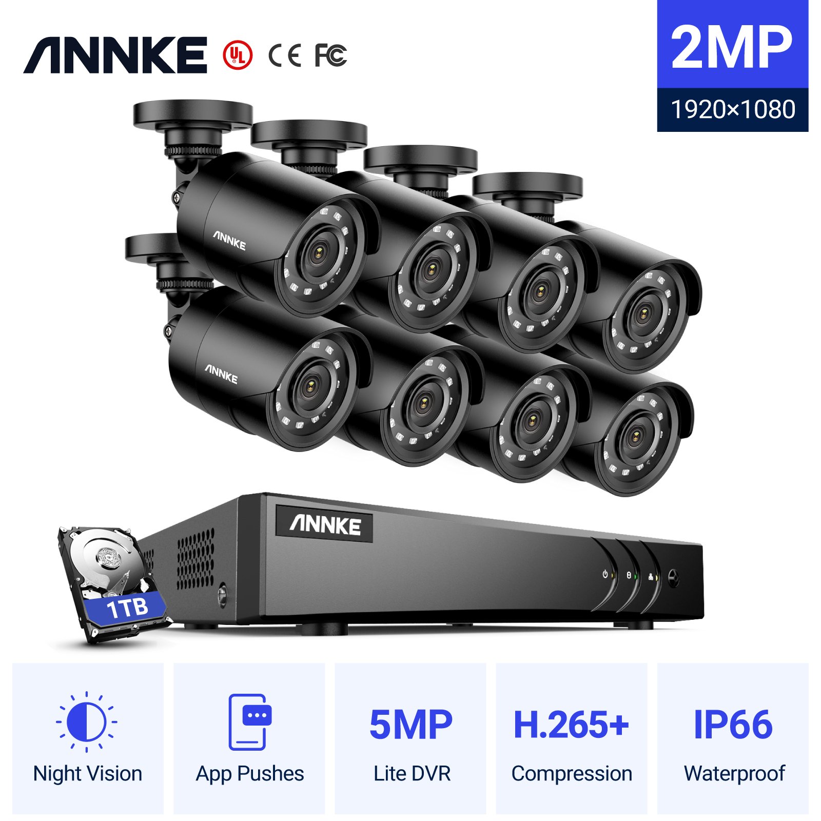 ANNKE Hot selling in 8 Channel Surveillance System 1080P Security Camera Kit Home CCTV Camera System with 1TB Hard Drive