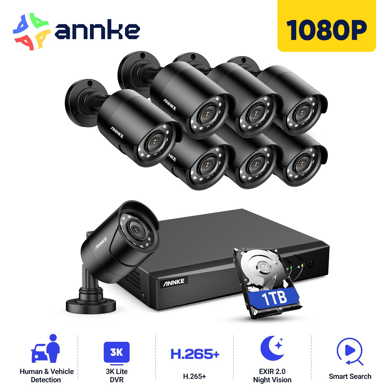 ANNKE Hot selling in 8 Channel Surveillance System 1080P Security Camera Kit Home CCTV Camera System with 1TB Hard Drive