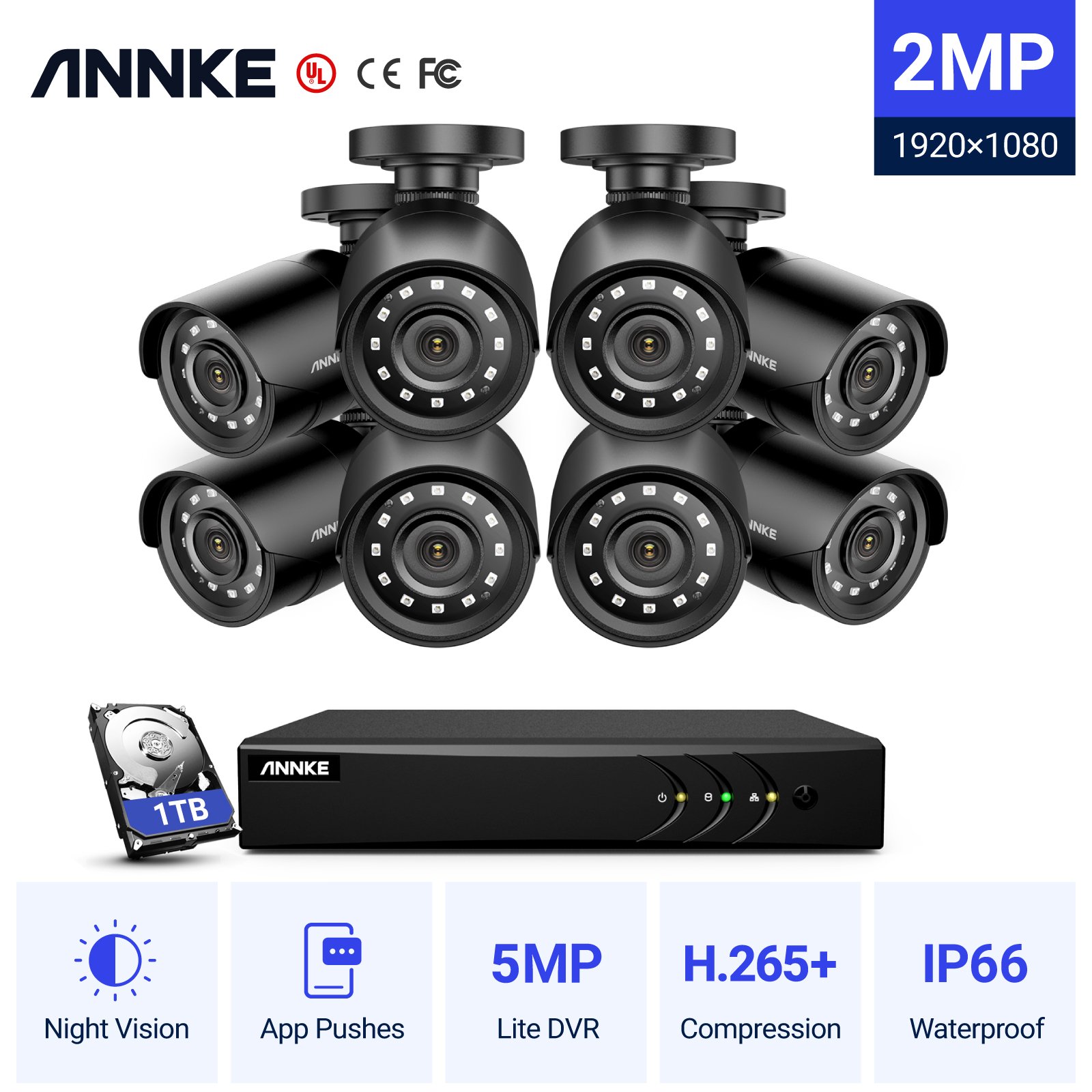 ANNKE Hot selling in 8 Channel Surveillance System 1080P Security Camera Kit Home CCTV Camera System with 1TB Hard Drive