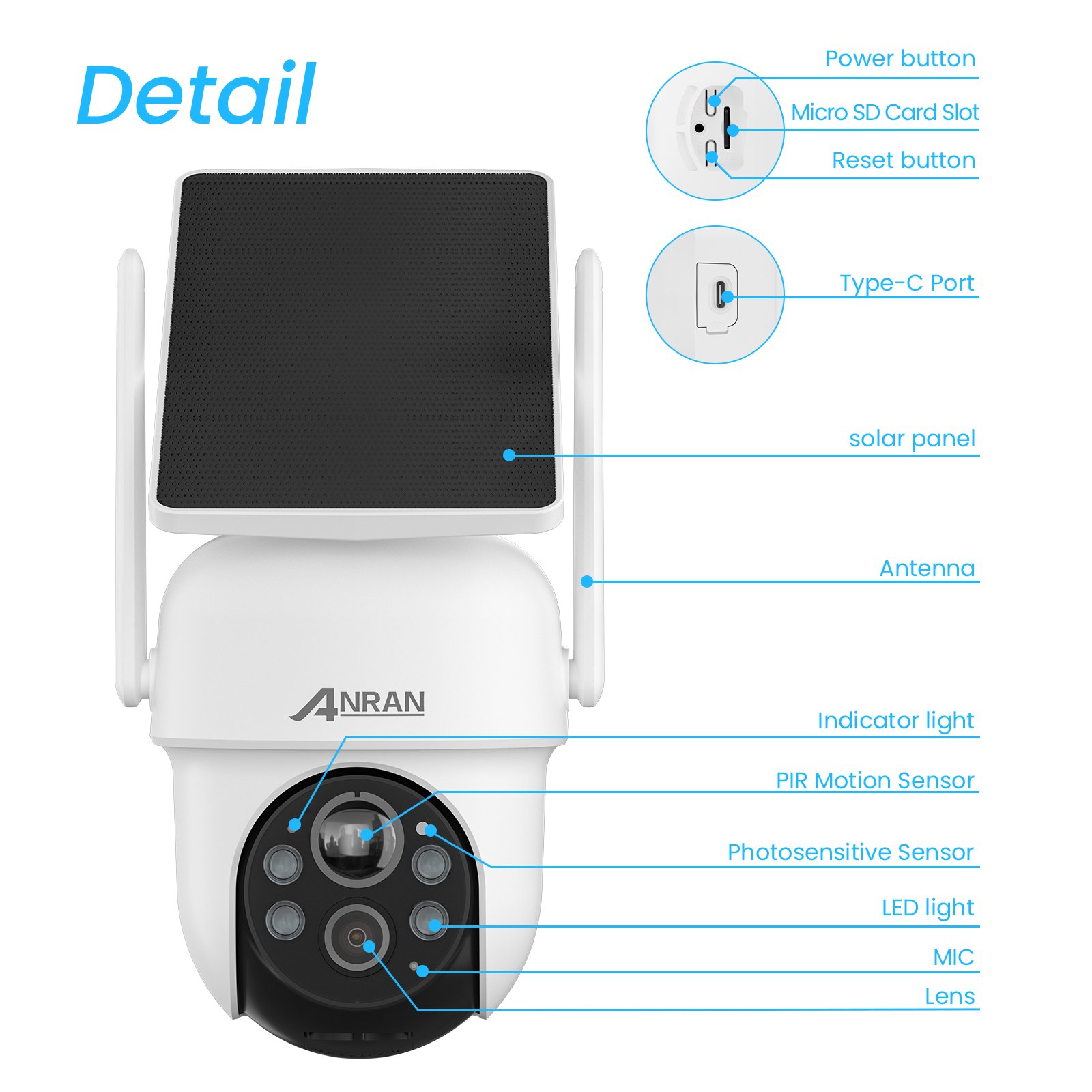 Anran 4MP Solar Powered 2k Ptz 360 Degree Video Infrared 4x Zoom Outdoor Wireless Surveillance Camera Security System