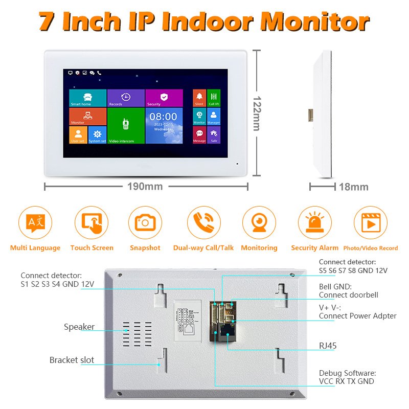 7" kit VDP full touch screen intercom with smart home surveillance CCTV camera 8 security zones detector access control