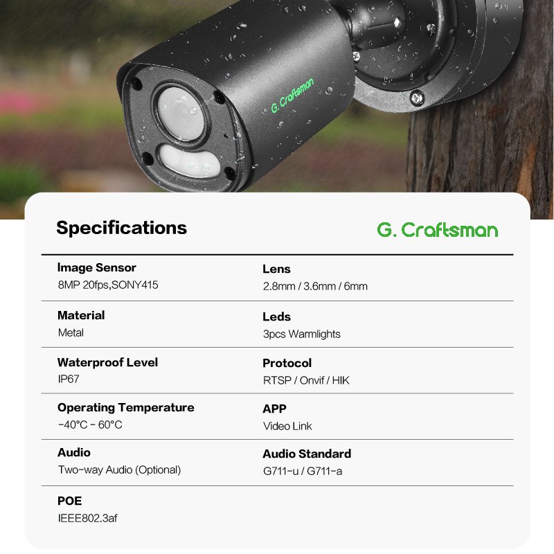 GA-YUFW-M8SS-B GCraftsman Outdoor Full Color Bullet CCTV IP POE Black Camera with Two-way Audio SD Card Slot