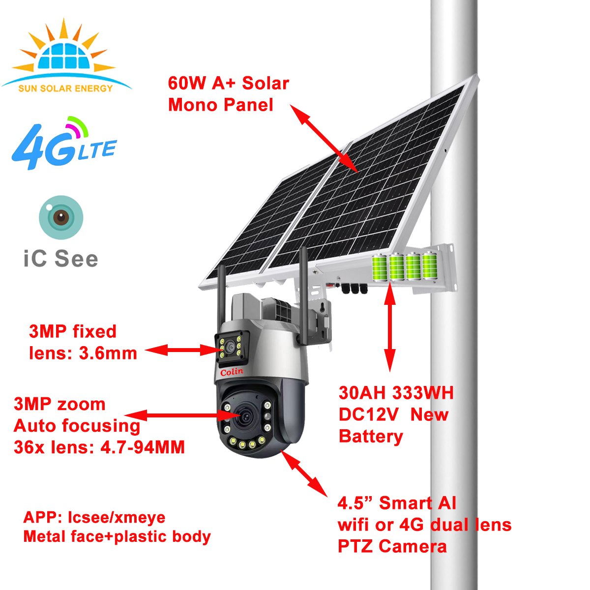 Colin Solar camera 4G sim card Farm Outdoor Ip68 60W 30AH 333WH ptz cctv alert IP 6MP 4k surveillance security camera wireless