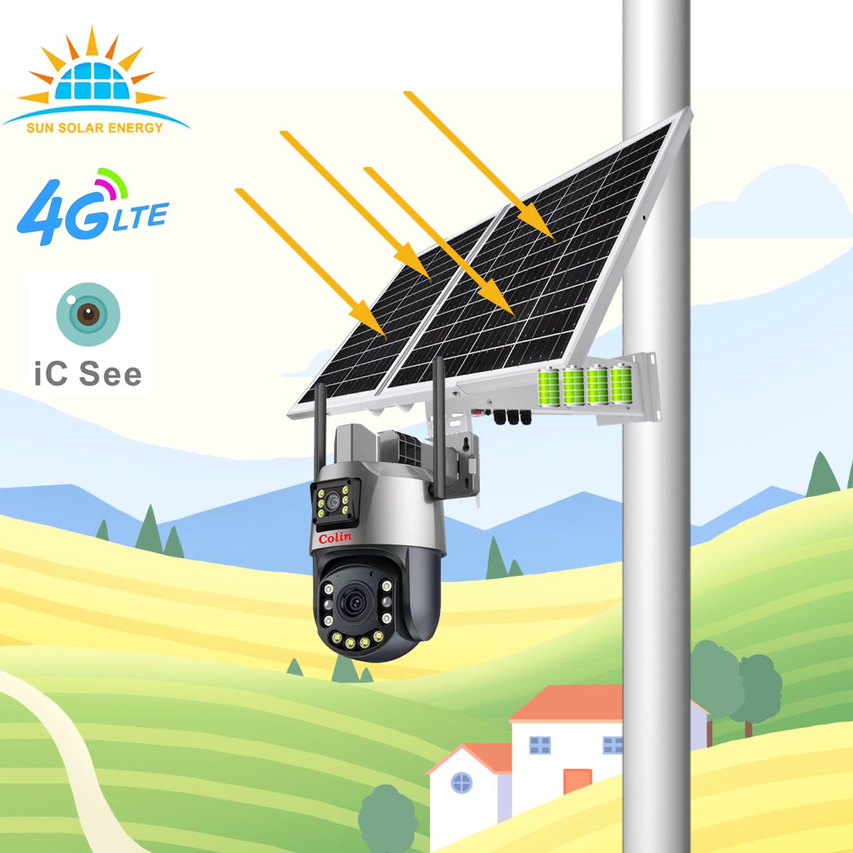Colin Solar camera 4G sim card Farm Outdoor Ip68 60W 30AH 333WH ptz cctv alert IP 6MP 4k surveillance security camera wireless