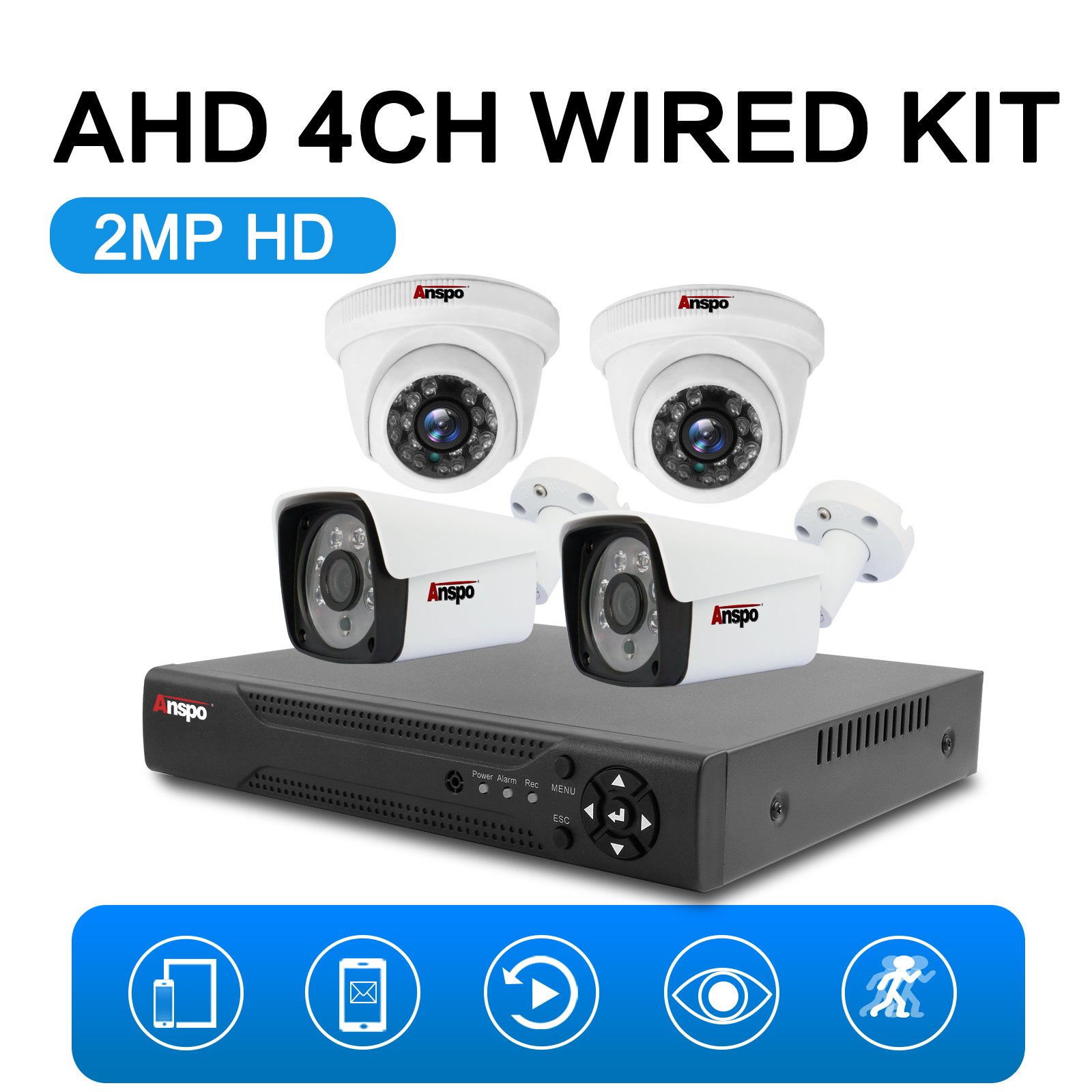 Anspo CCTV analog Camera System 4 channel AHD KIT Security camera 2MP DVR surveillance camera outdoor waterproof night vision