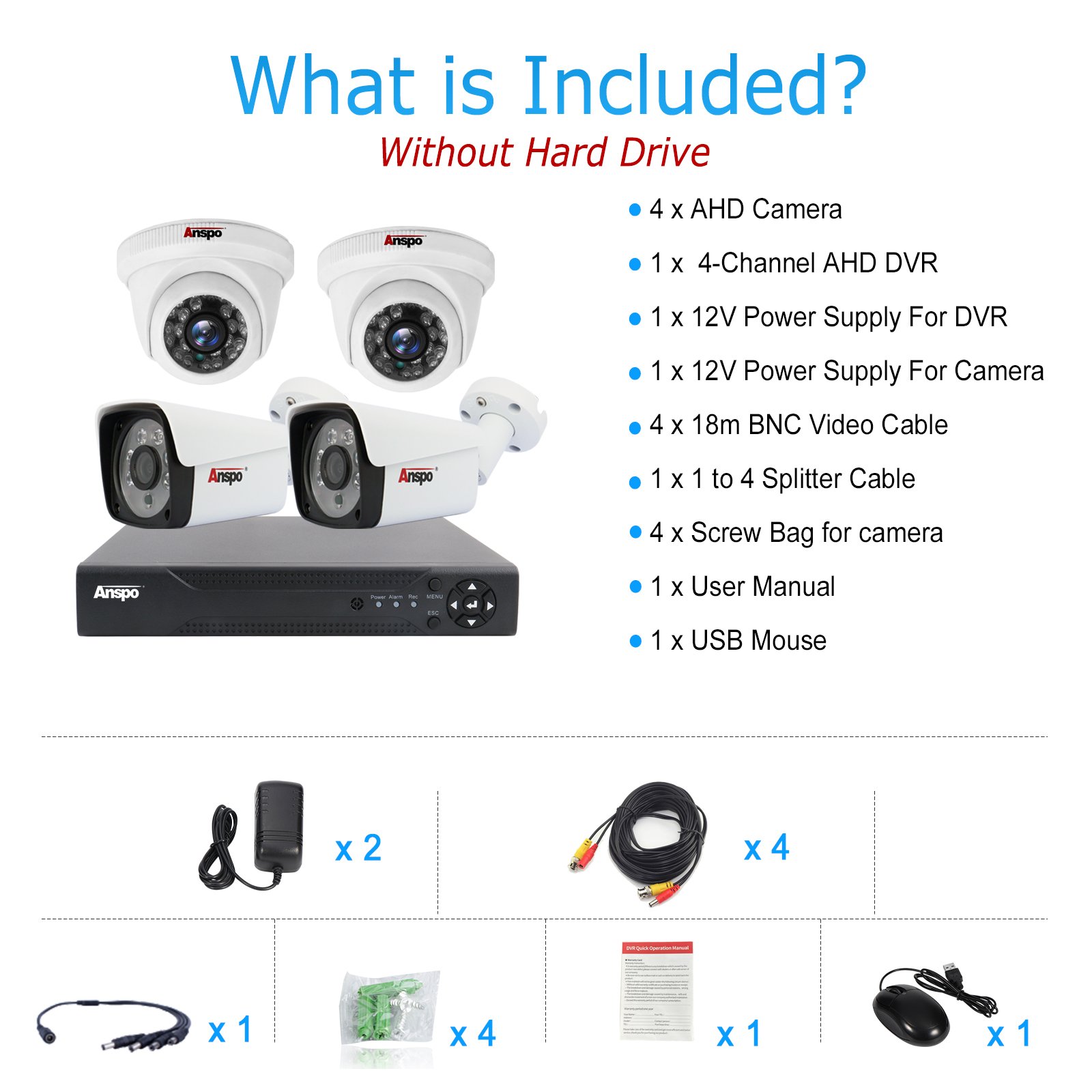 Anspo CCTV analog Camera System 4 channel AHD KIT Security camera 2MP DVR surveillance camera outdoor waterproof night vision