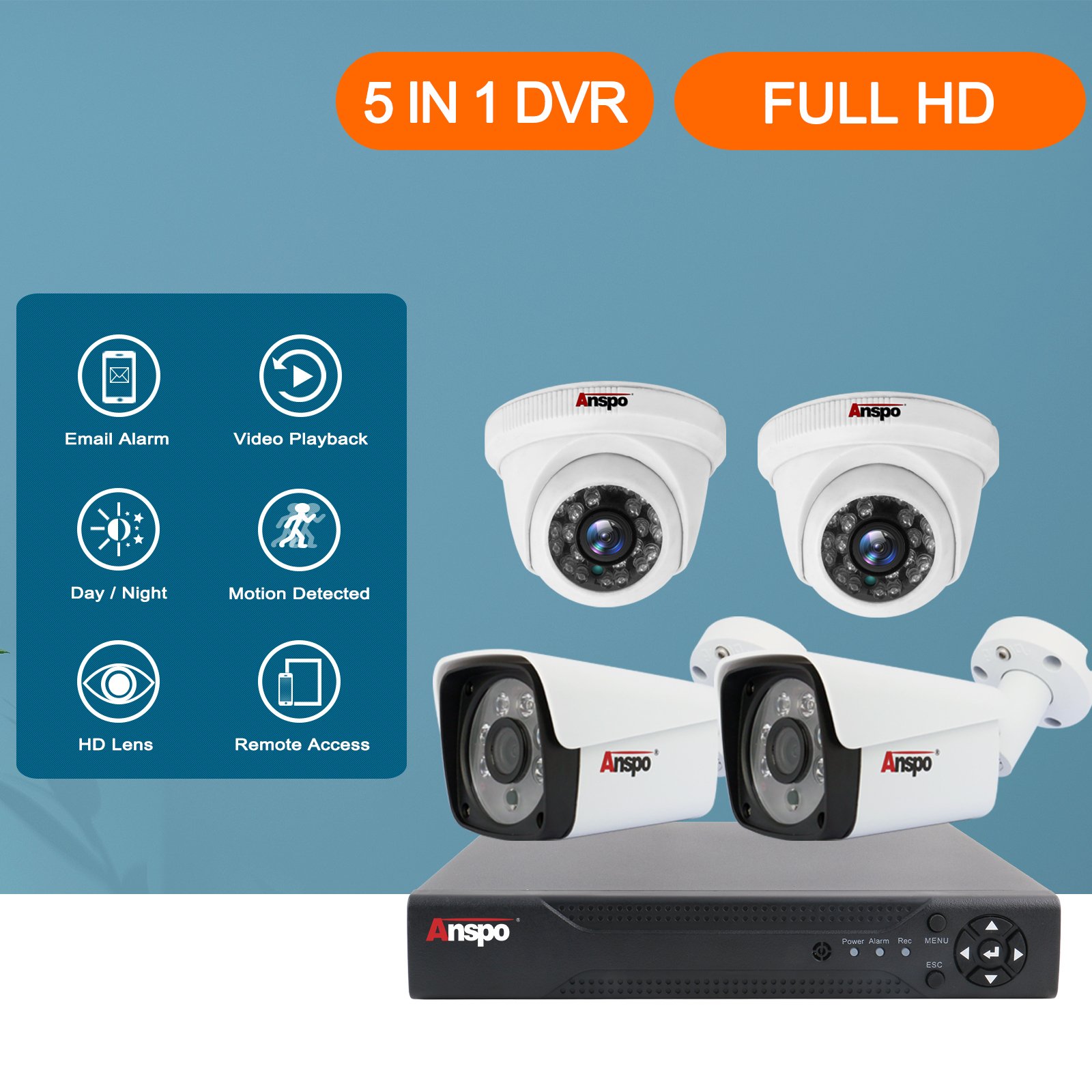 Anspo CCTV analog Camera System 4 channel AHD KIT Security camera 2MP DVR surveillance camera outdoor waterproof night vision