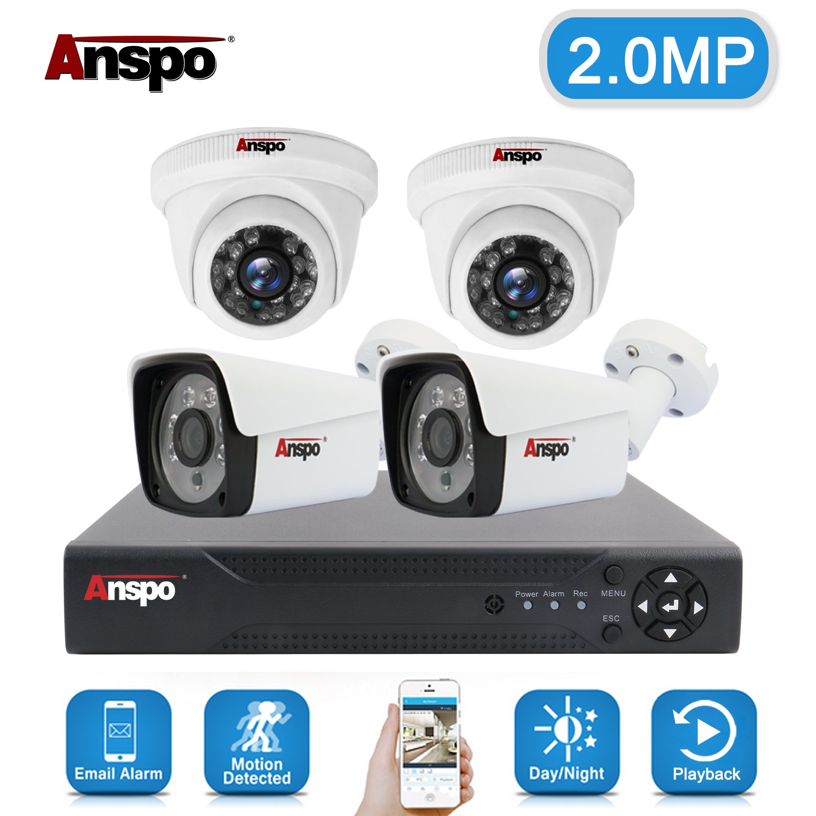 Anspo CCTV analog Camera System 4 channel AHD KIT Security camera 2MP DVR surveillance camera outdoor waterproof night vision