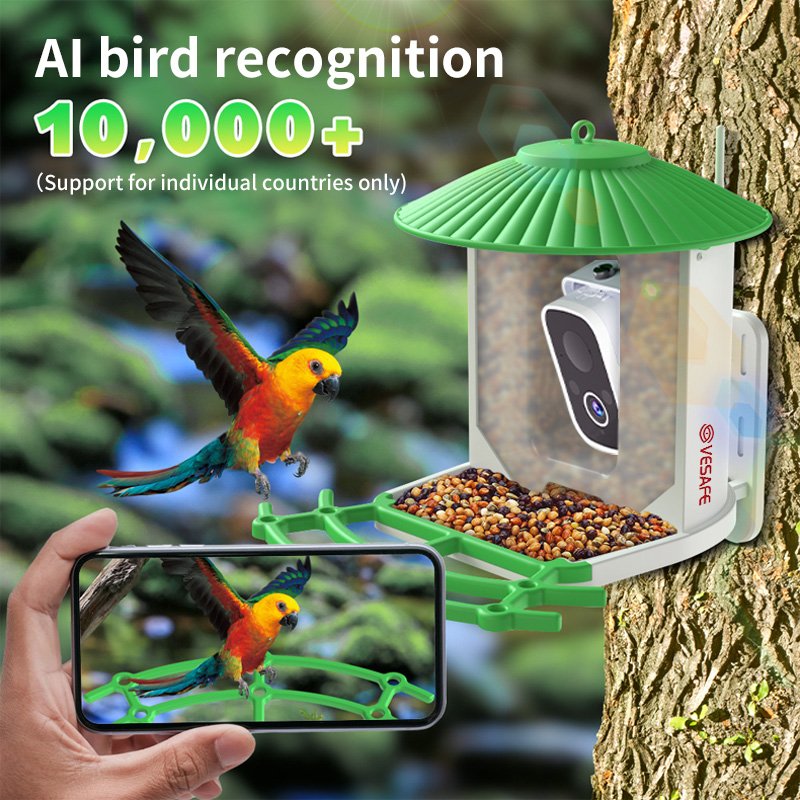 VESAFE 3MP Auto Capture Bird Videos AI Smart Bird Feeder Camera AI Identify Bird Species Solar Wireless CCTV Camera