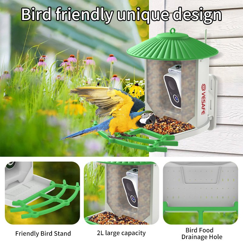 VESAFE 3MP Auto Capture Bird Videos AI Smart Bird Feeder Camera AI Identify Bird Species Solar Wireless CCTV Camera