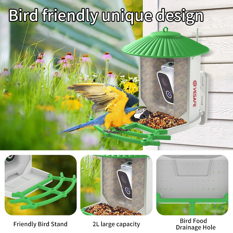VESAFE 3MP Auto Capture Bird Videos AI Smart Bird Feeder Camera AI Identify Bird Species Solar Wireless CCTV Camera