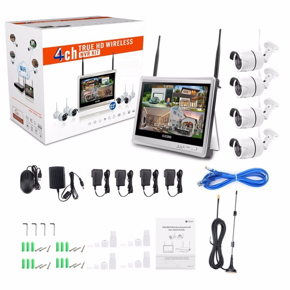 Wireless Home Camera Video Surveillance System 4CH NVR Kit 1080P Security System CCTV 12.5" Monitor 4pcs Outdoor WiFi IP Cam