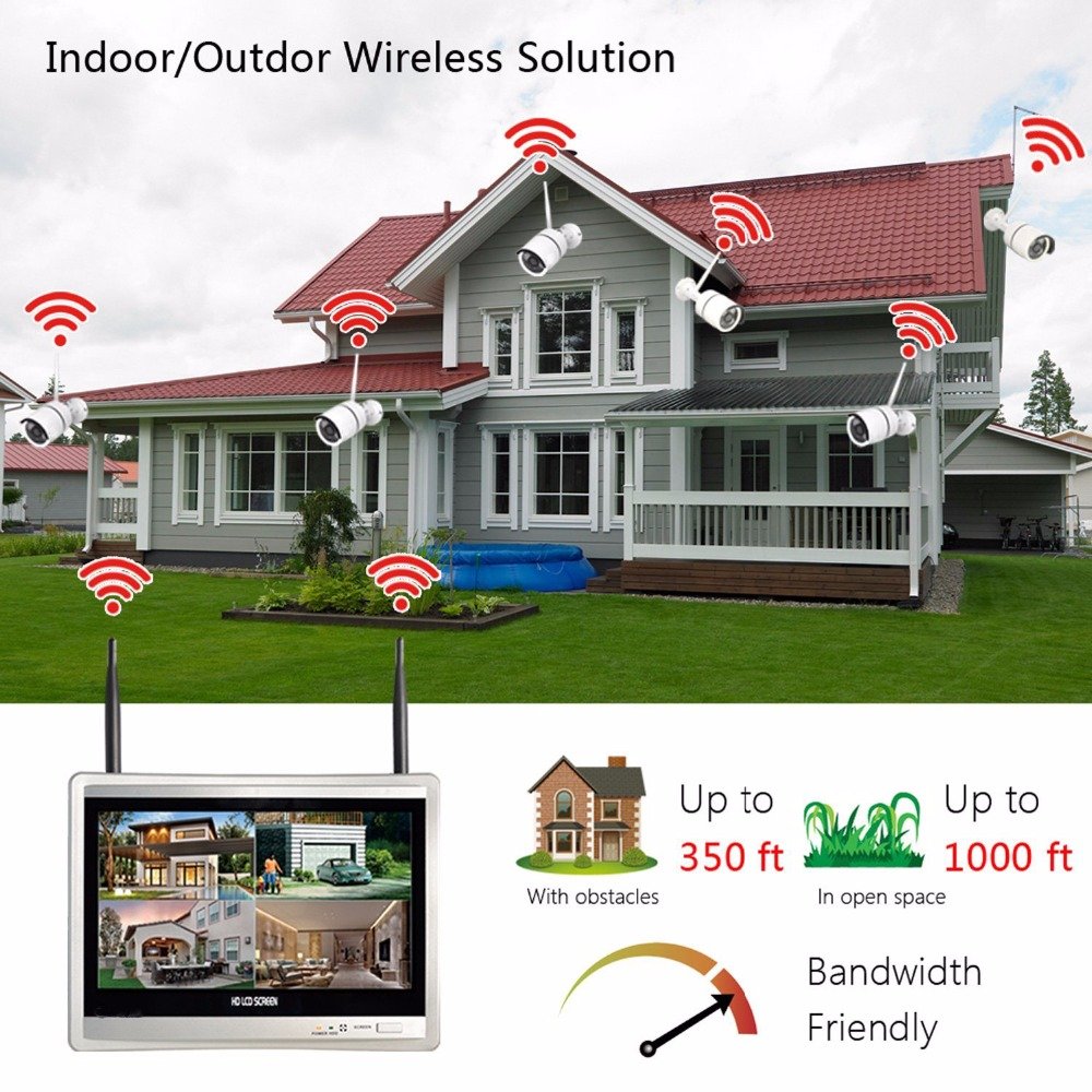 Wireless Home Camera Video Surveillance System 4CH NVR Kit 1080P Security System CCTV 12.5" Monitor 4pcs Outdoor WiFi IP Cam