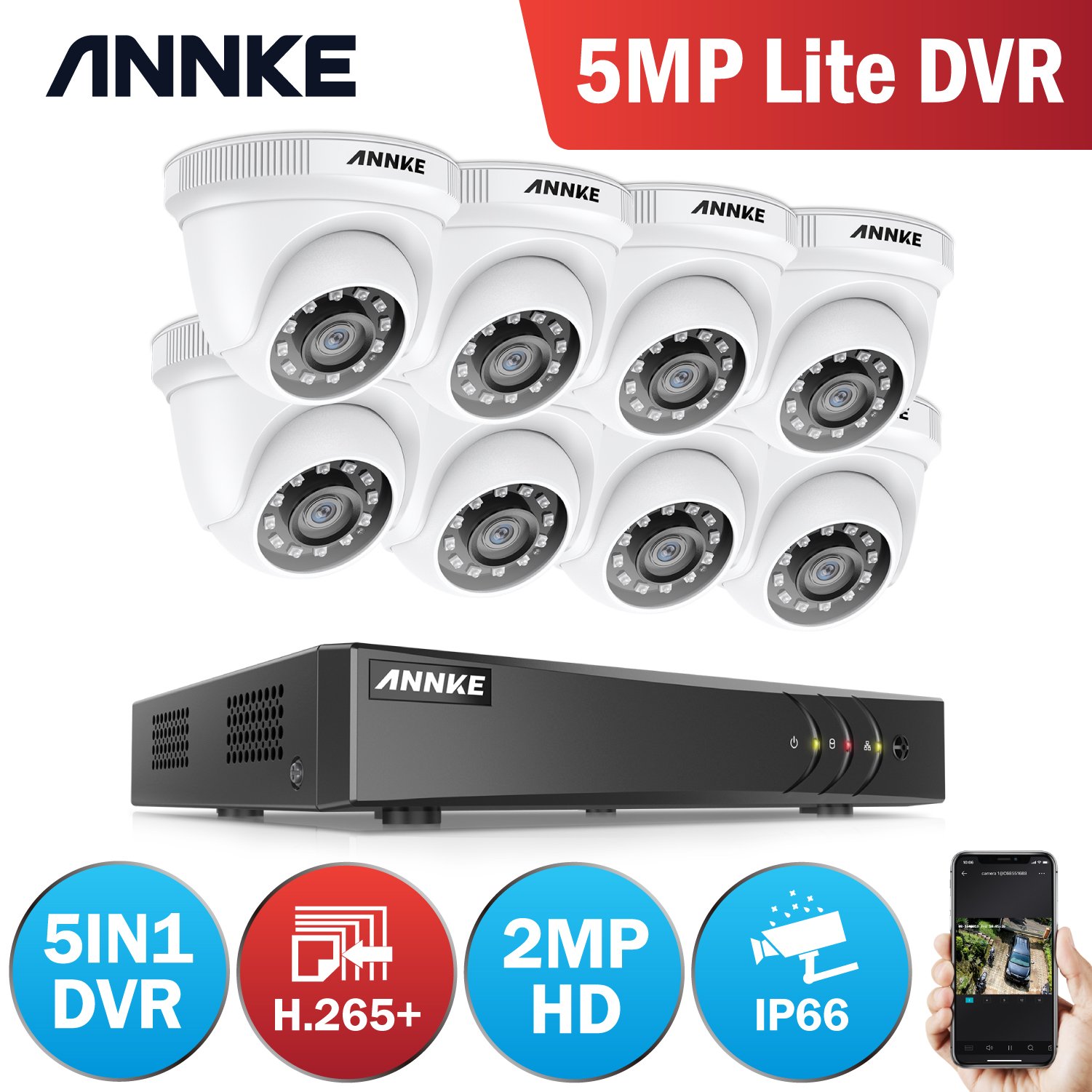 ANNKE 8-Channel 5 H.265+, AI Human and Vehicle detection (DVR) CCTV Camera System with 2 Megapixel TVI IR IP66 Turret Cameras