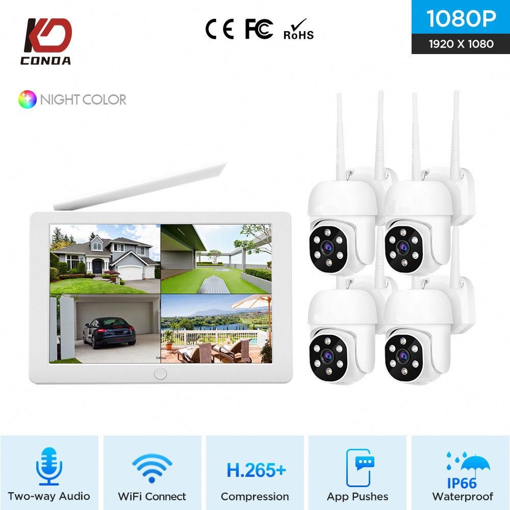 Wireless Surveillance System with 10.1 Inch LCD Monitor 8 Channel 1080P HD NVR H.265 Compression 4 Wireless Cameras Remote Playb