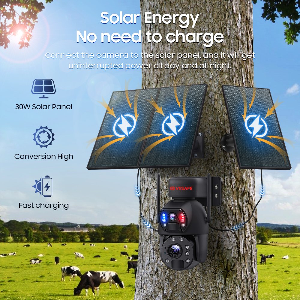 VESAFE Outdoor Dual Lens 6mp 30W Solar Camera Red Blue Lights 20X ZOOM Human Auto Tracking Surveillance Security Camera