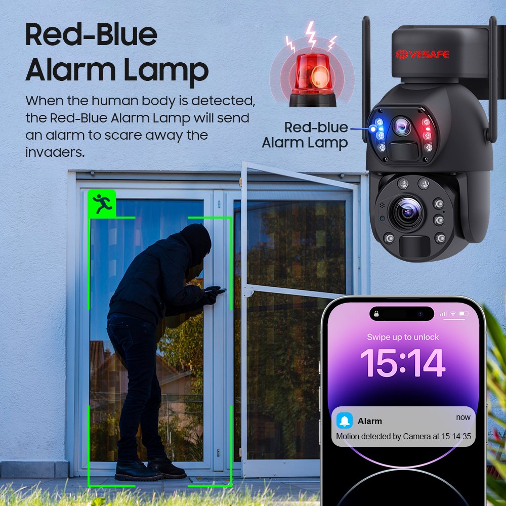 VESAFE Outdoor Dual Lens 6mp 30W Solar Camera Red Blue Lights 20X ZOOM Human Auto Tracking Surveillance Security Camera
