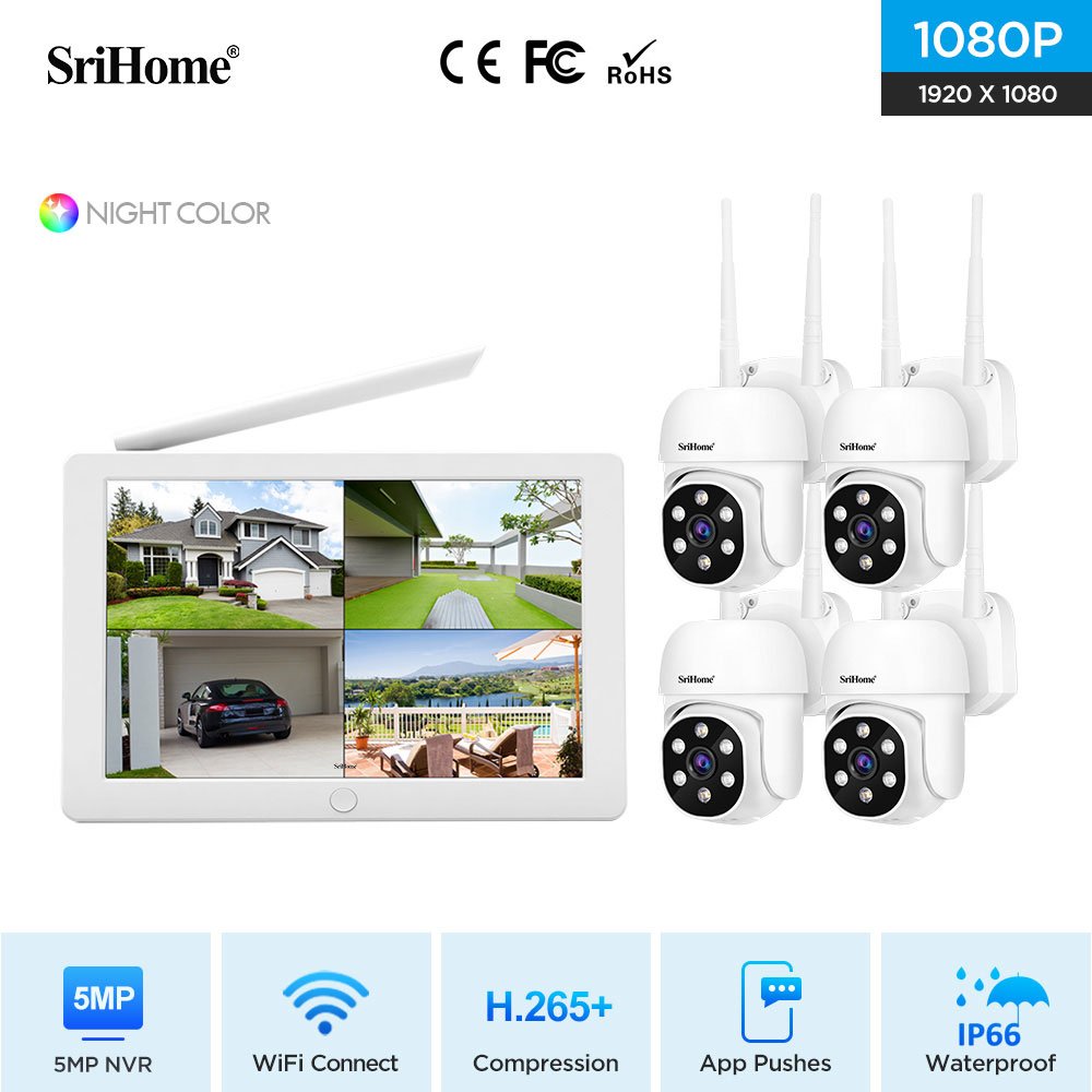 SriHome 2024 Hot Selling Touch Screen Kit 1080P 4CH WIFI Camera CCTV System Network Video Recorder Wireless Camera System