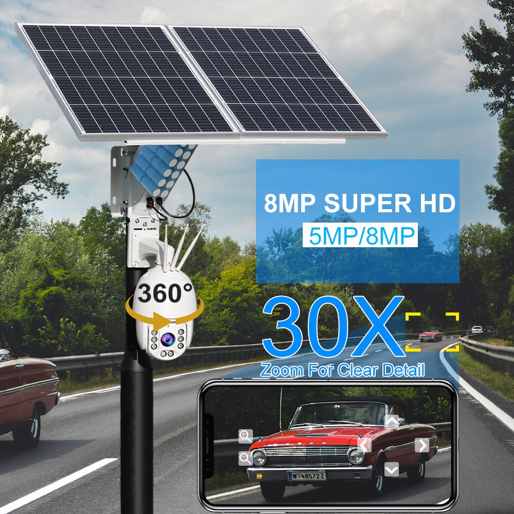 TecDeft 8MP Full HD Outdoor Surveillance H.265 Solar Camera PTZ Auto Tracking CCTV Wifi For Construction Site Security Camera