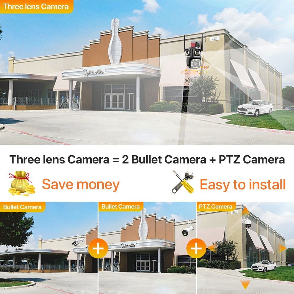 outdoor 4k 10X Zoom Surveillance WIFI Security Camera System Ip Network Camera Three Lens outdoor PTZ 360 CCTV dual Camera