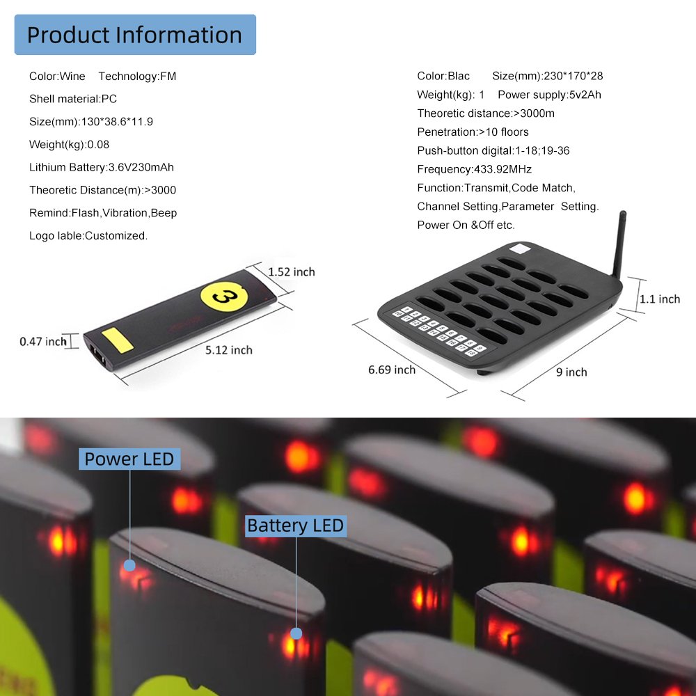 BYHUBYENG Long Range wireless Pager System Social Distancing Beeper Calling System for Restaurant with 18 Waiting Buzzers
