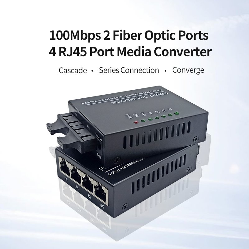 10/100M Fiber Converter 2 SC Fiber Port 4 LAN RJ45 UTP Port Duplex Fast Ethernet Fiber Optical Media Converter Switch 2F4E