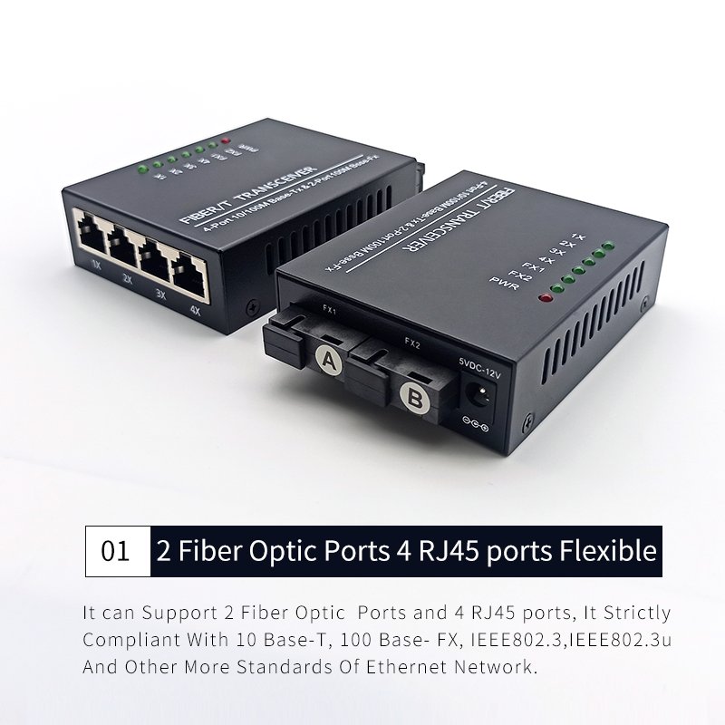 10/100M Fiber Converter 2 SC Fiber Port 4 LAN RJ45 UTP Port Duplex Fast Ethernet Fiber Optical Media Converter Switch 2F4E