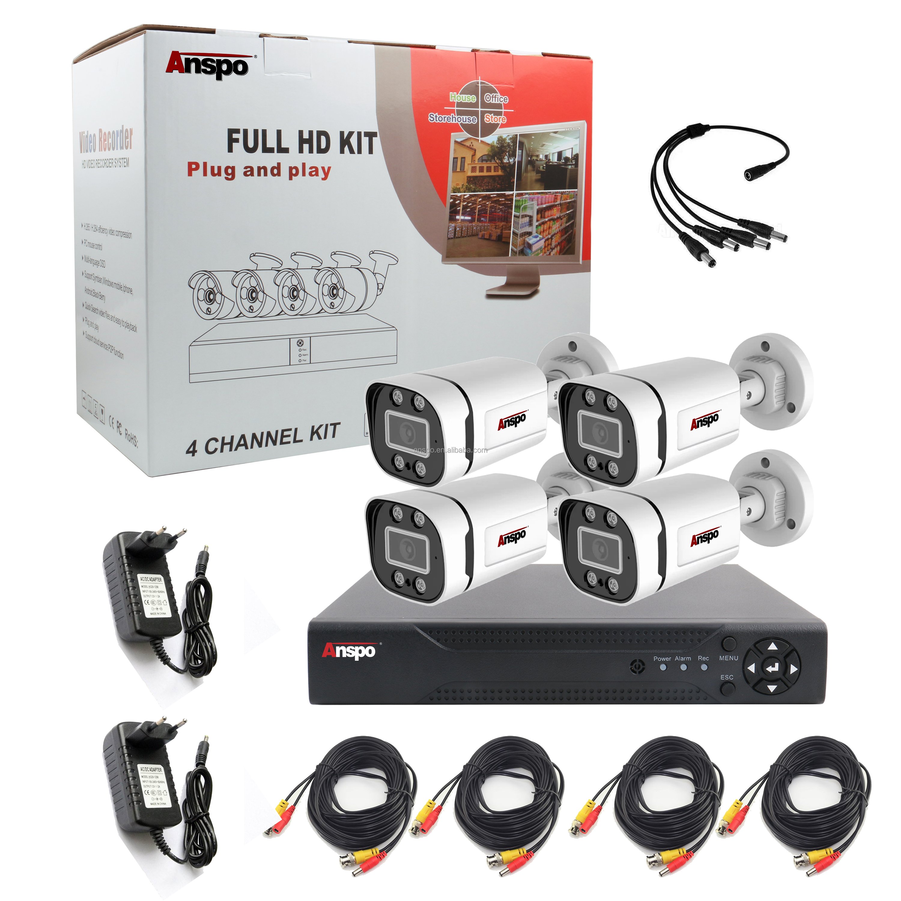 Anspo AHD Dome Camera 2MP 4CH AHD CCTV Security analog Camera System Wired Cameras with Full-color Night Vision
