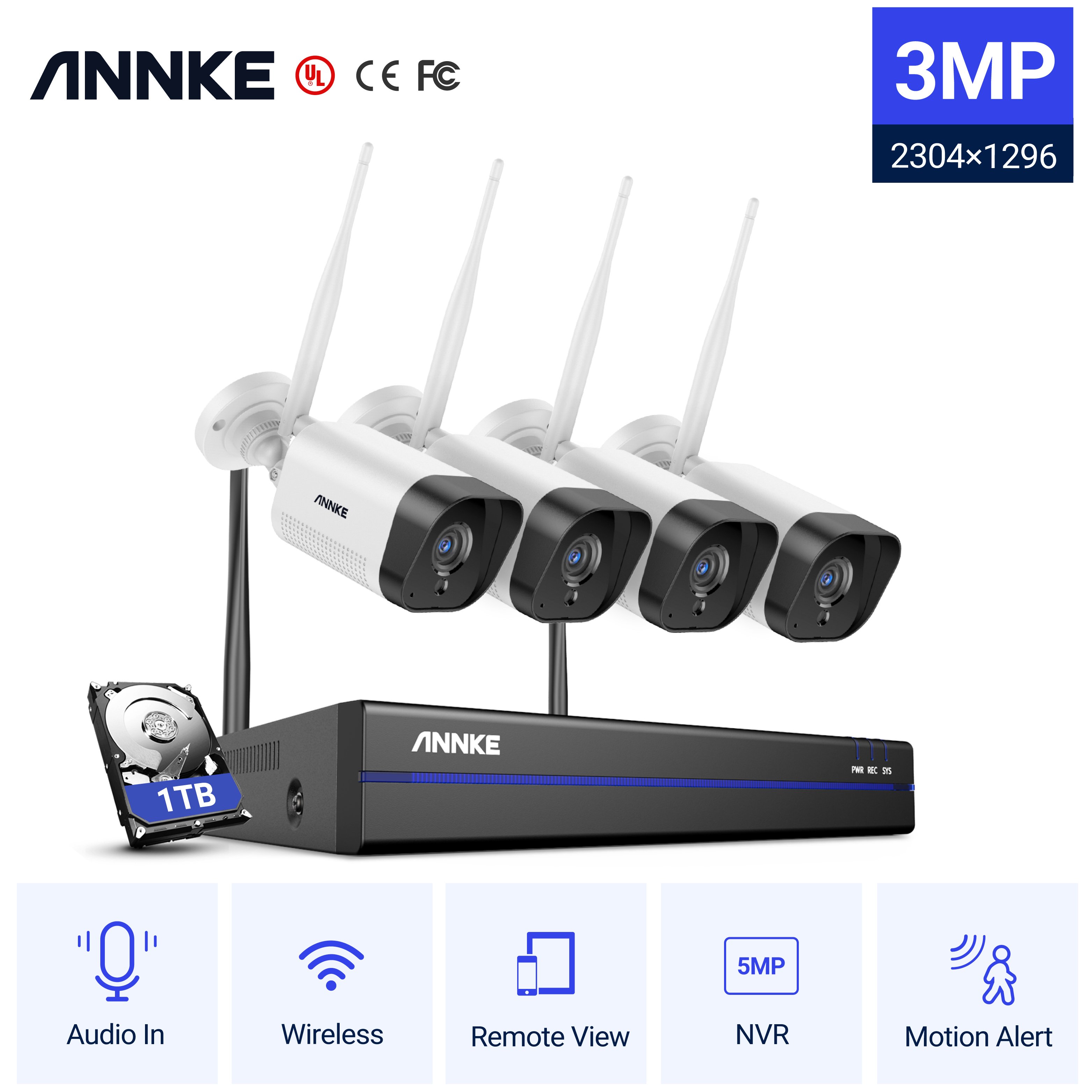 ANNKE 8CH 5MP WiFi NVR 4pcs 3MP WiFi Camera Kit Wth 1TB HDD Pre-installed Surveillance System With Night Vision