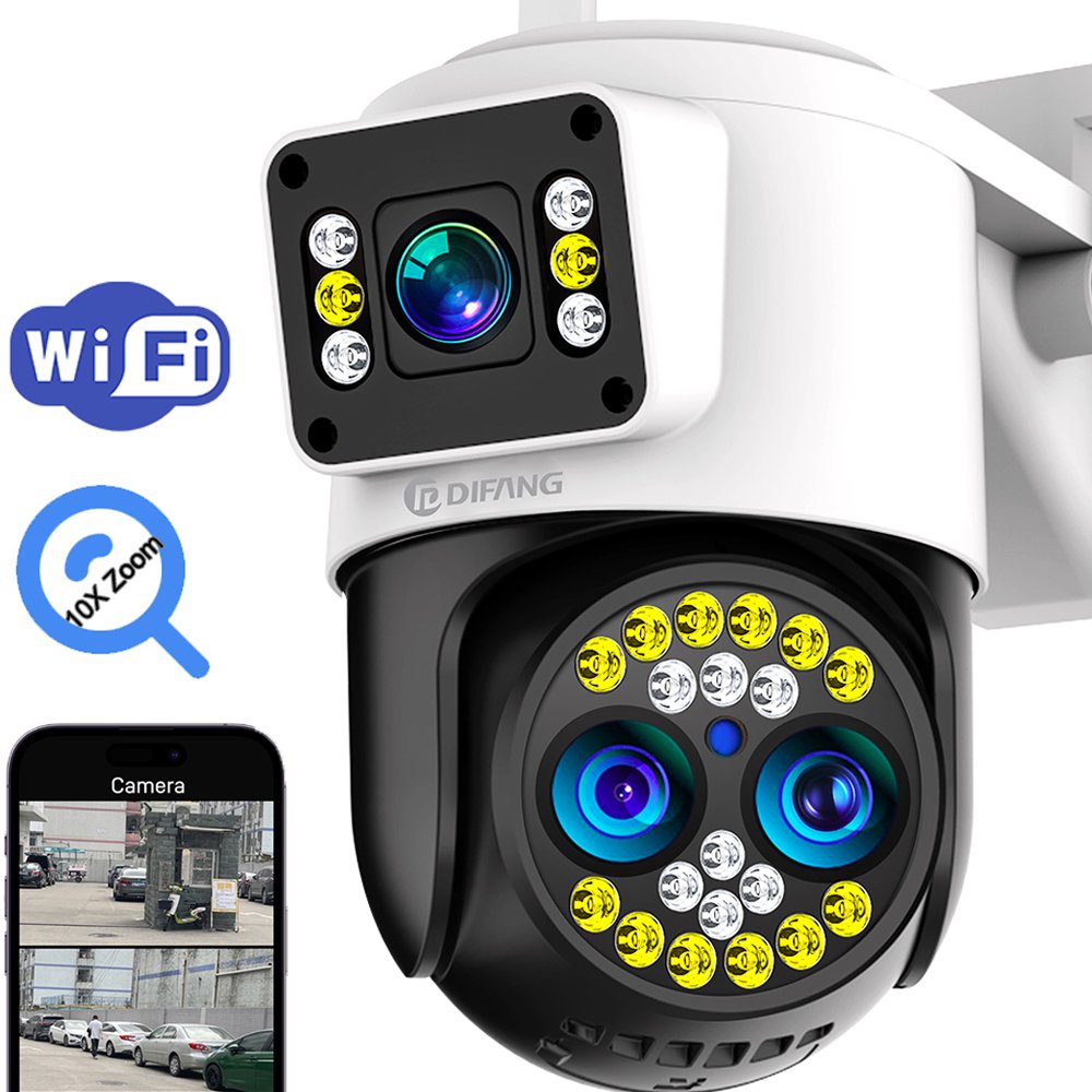 DIFANG 8MP 10X Zoom WiFi Security Camera Outdoor, 3 Lens 2 Screen Two-Way Audio,Motion Detection Wireless Security IP Camera