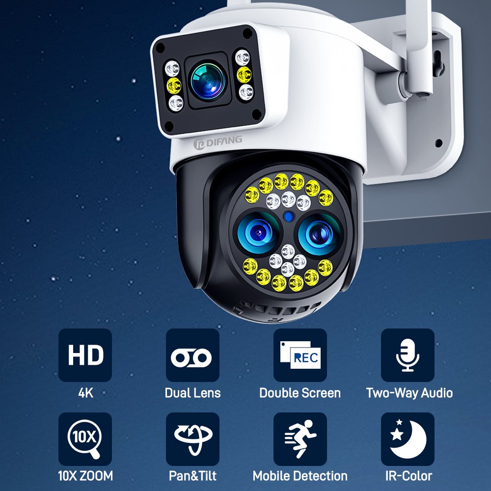 DIFANG 8MP 10X Zoom WiFi Security Camera Outdoor, 3 Lens 2 Screen Two-Way Audio,Motion Detection Wireless Security IP Camera