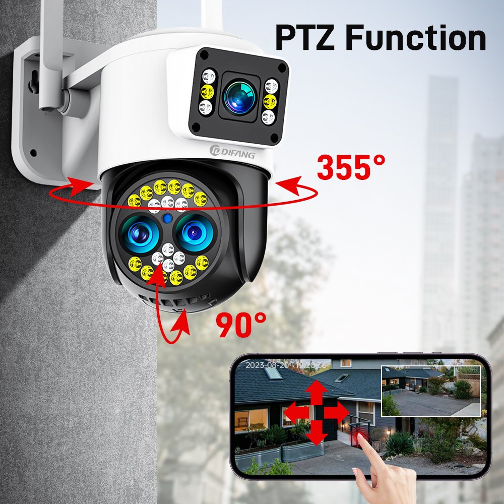 DIFANG 8MP 10X Zoom WiFi Security Camera Outdoor, 3 Lens 2 Screen Two-Way Audio,Motion Detection Wireless Security IP Camera