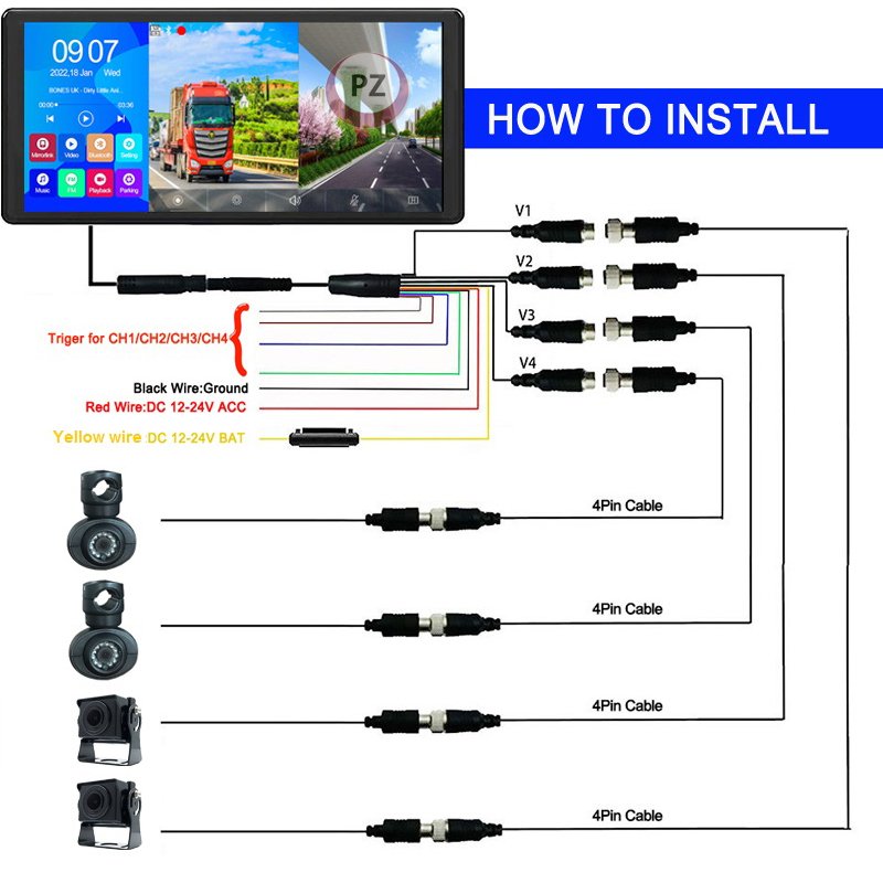 Heavy Duty Bus DVR Recorder 12-24V 1080P 360 Degree All Round View Truck Camera System 10.3 inch 4 Channels Truck Camera System