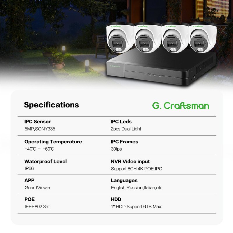 GA-DFW-M5S-K4 G.Craftsman 5MP Indoor Outdoor CCTV IP POE Camera with Dual Light UNV Uniview 16CH 4K NVR Home Security System