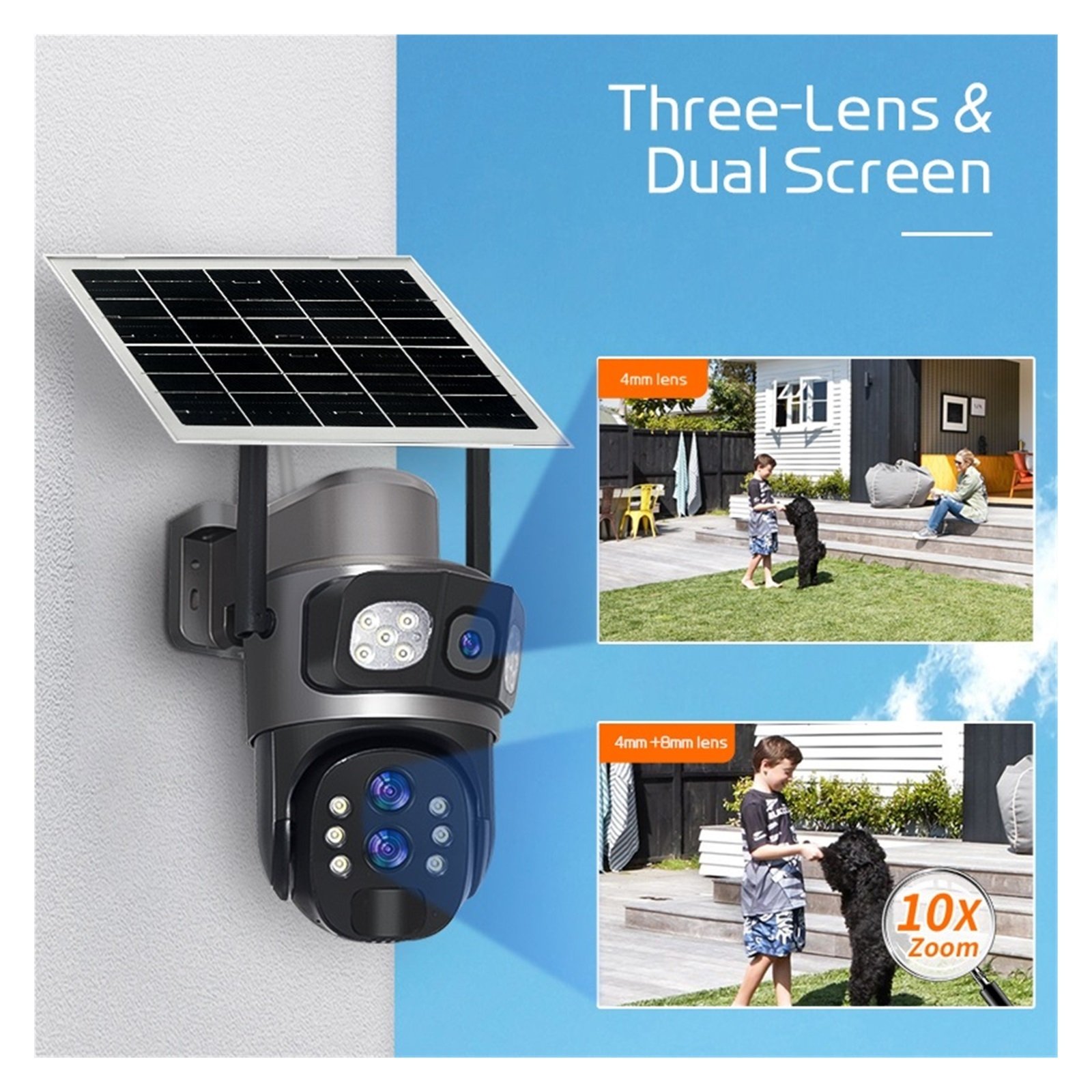 6K 12MP WIFI/4G Solar Camera 10x Optical Zoom Multi Lens Dual Screen Wireless Outdoor Security Cctv 4g Sim Card Solar Camera