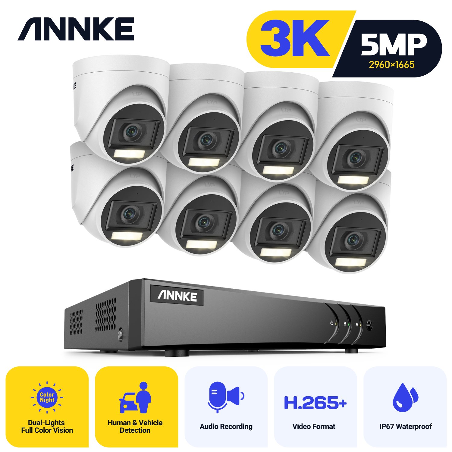 16CH 3K 5MP Hybrid Ai Detection DVR With 8pcs 3K 5MP TVI Audio & Dual Light Turret Camera CCTV Security Systems