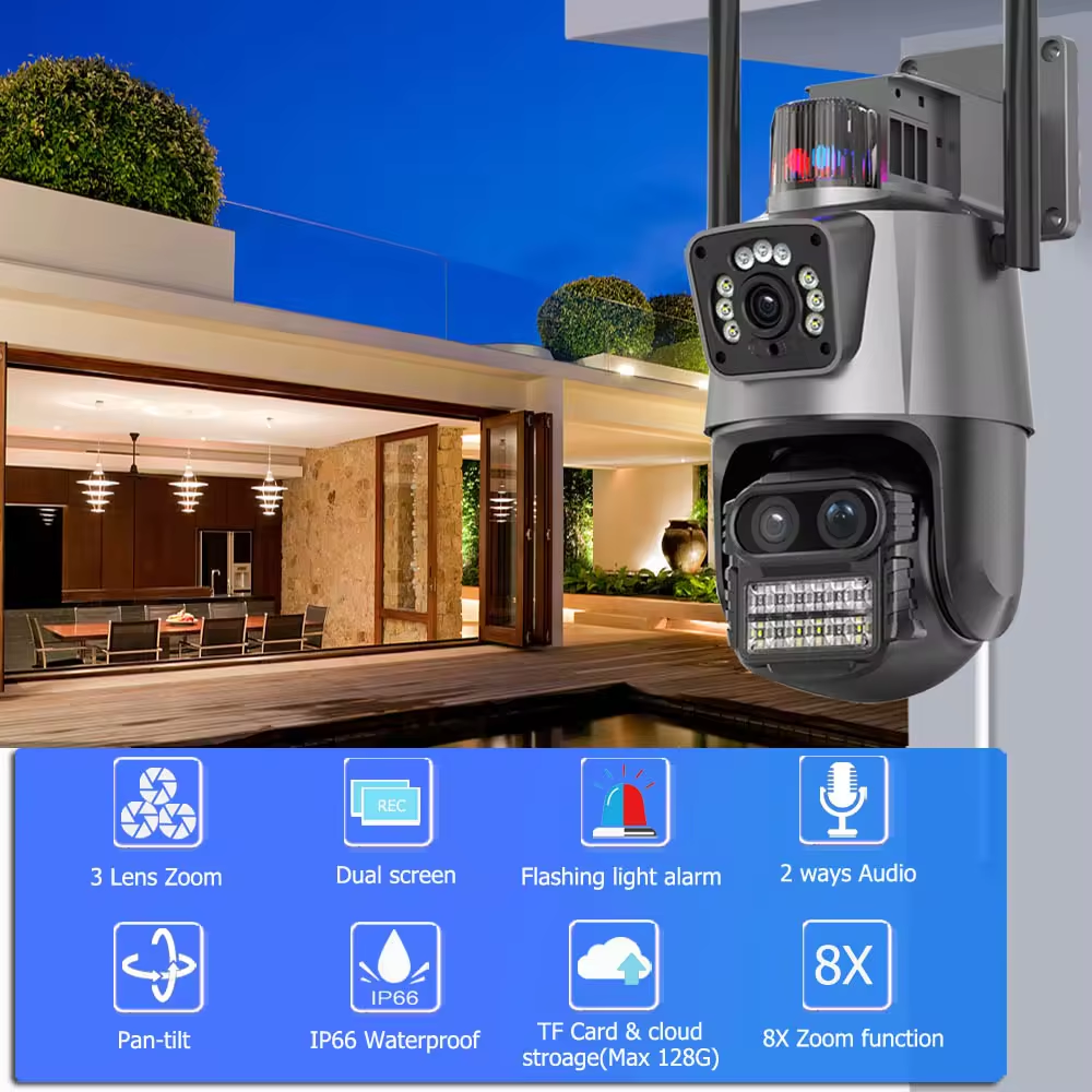 Icsee 9MP triple lens dashboard camera 8X zoom 360 AI PTZ CCTV surveillance camera colorful night vision 4K wifi outdoor camera