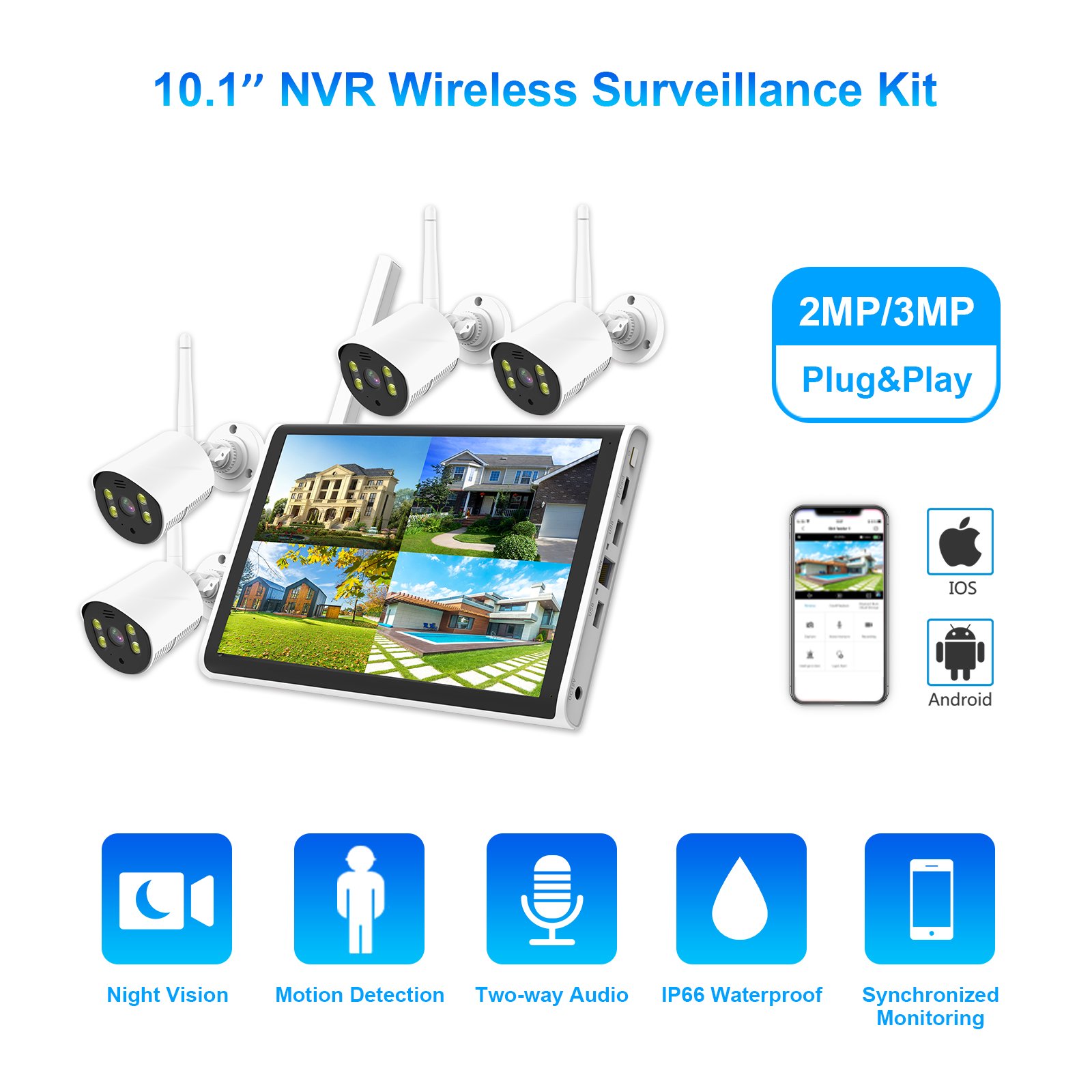 Newest 10.1inch 4 channels 2MP cctv surveillance camera system with wifi cameras