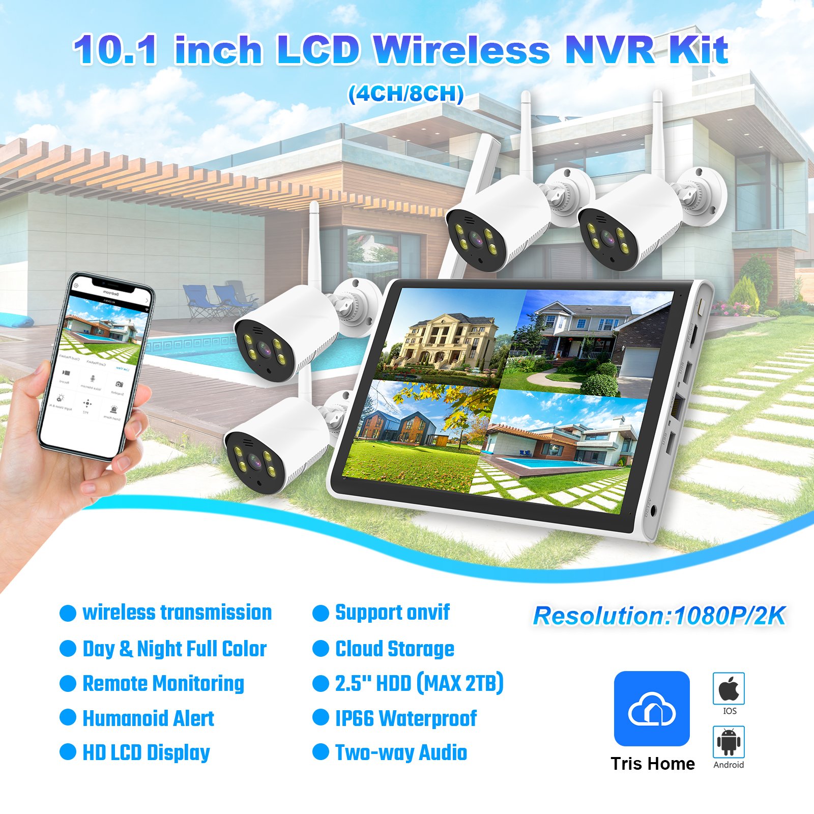 Newest 10.1inch 4 channels 2MP cctv surveillance camera system with wifi cameras
