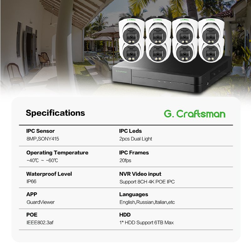 GA-DFD-M8SS-K8 Gcraftsman 4K 8MP IP POE Turret Eyeball Dome Camera with two-way Audio Dual Light CCTV Security NVR System
