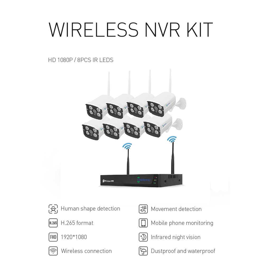 8ch H.265 Outdoor WiFi CCTV NVR Kits 5MP Wireless Security Bullet Camera System IP66 12V XMeye Customizable RoHS Certified