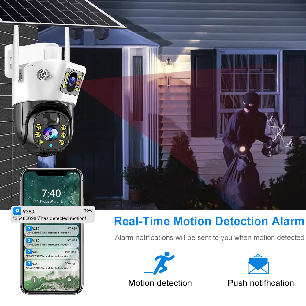 2MP WIFI CAMERA V380 Solar Security Camera System dual len Ptz Motion Detection 4g sim card Cctv Surveillance Solar Camera
