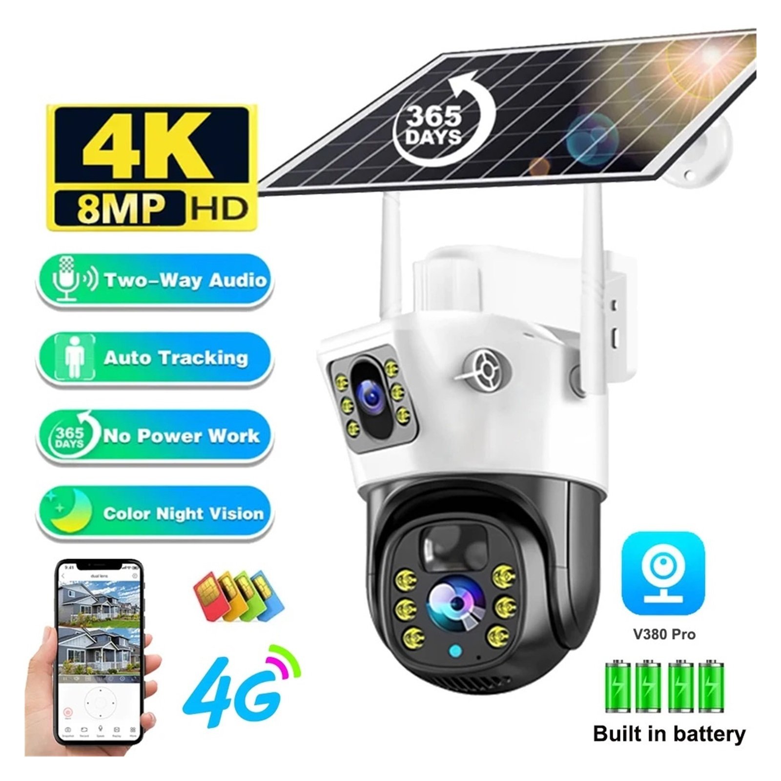 Senhuo 4MP/8MP 4G Solar Panel V380 Pro Outdoor Monitoring IP Camera Supports Color Night Vision PIR Motion Detection CAM