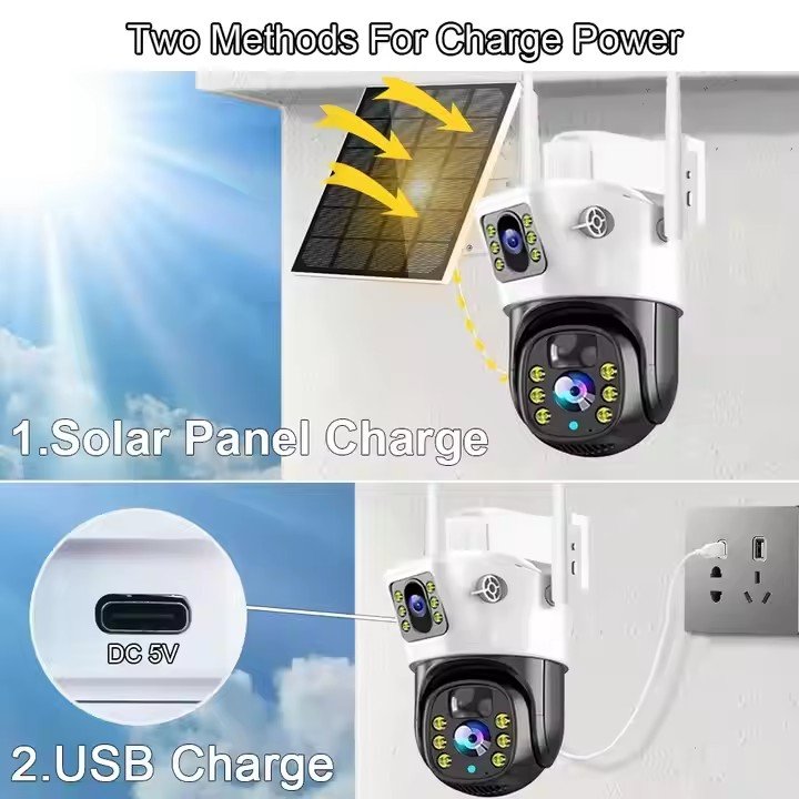 Solar Powered Panels 4g Sim Card/Wifi Surveillance Wireless Home Security Network Cctv System Outdoor Dual Lens Wifi Ip Camera