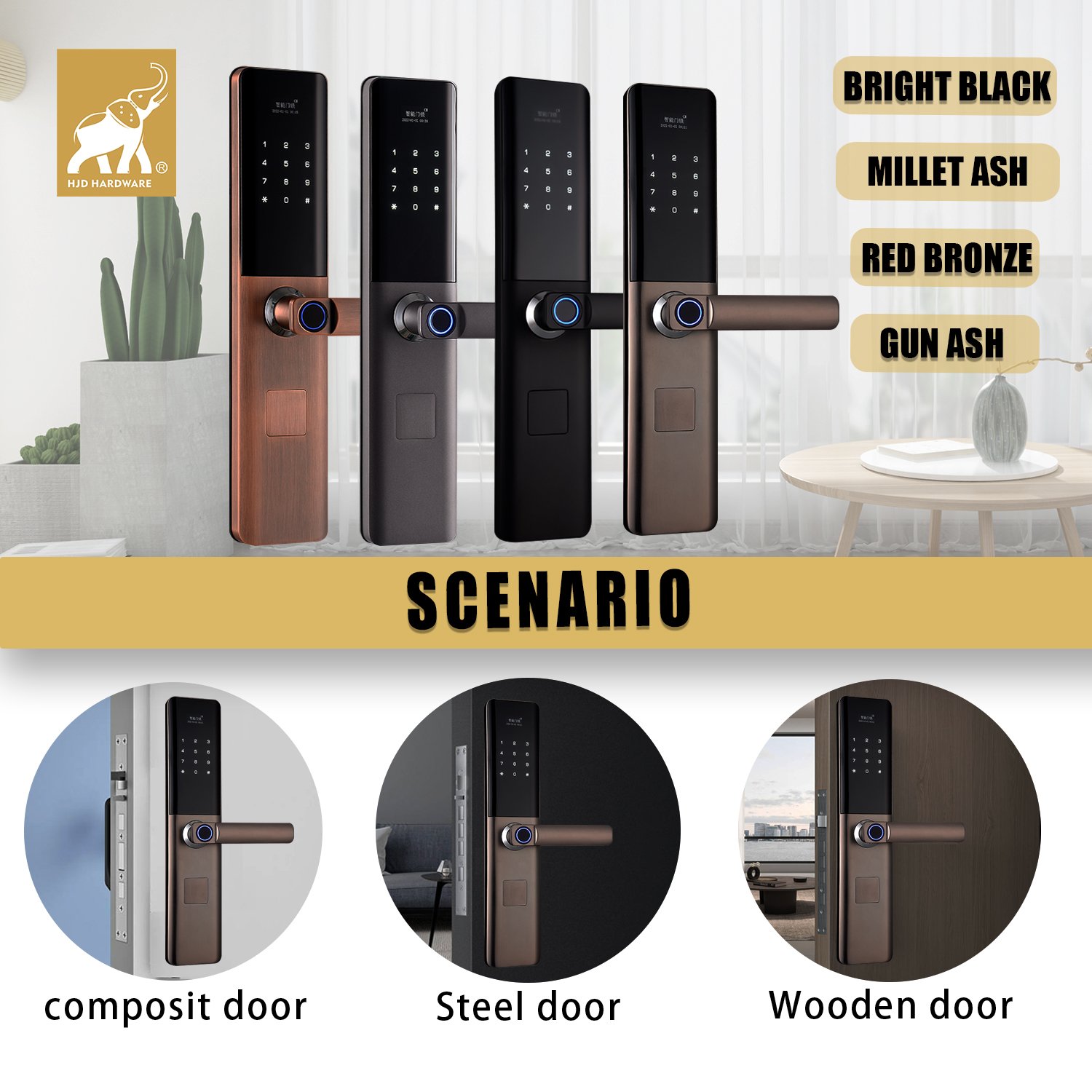 HJD Smart Tuya Keys Camera Bluetooth Keyless Smart Home Lock WiFi Camera Access Control Cards Cat Eye Semi-automatic Smart Lock
