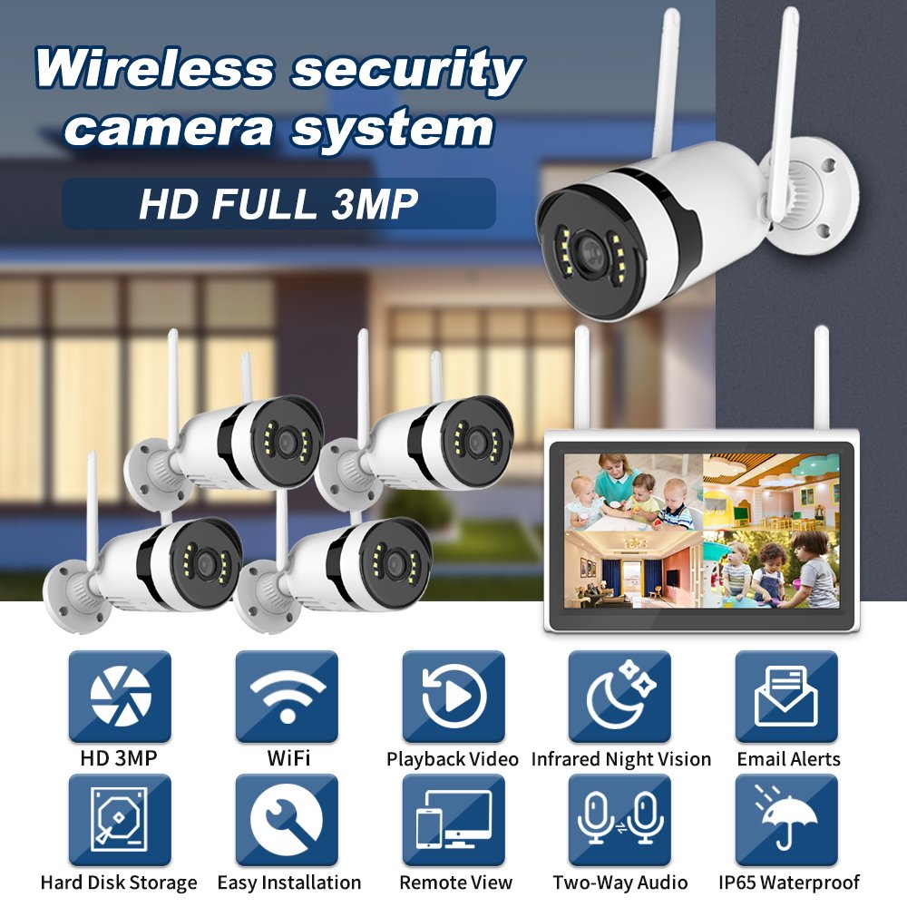 3MP Wireless Security Camera System Two Way Audio WIFI Camera 4CH NVR Kit Video Surveillance System With 10.1inch LCD