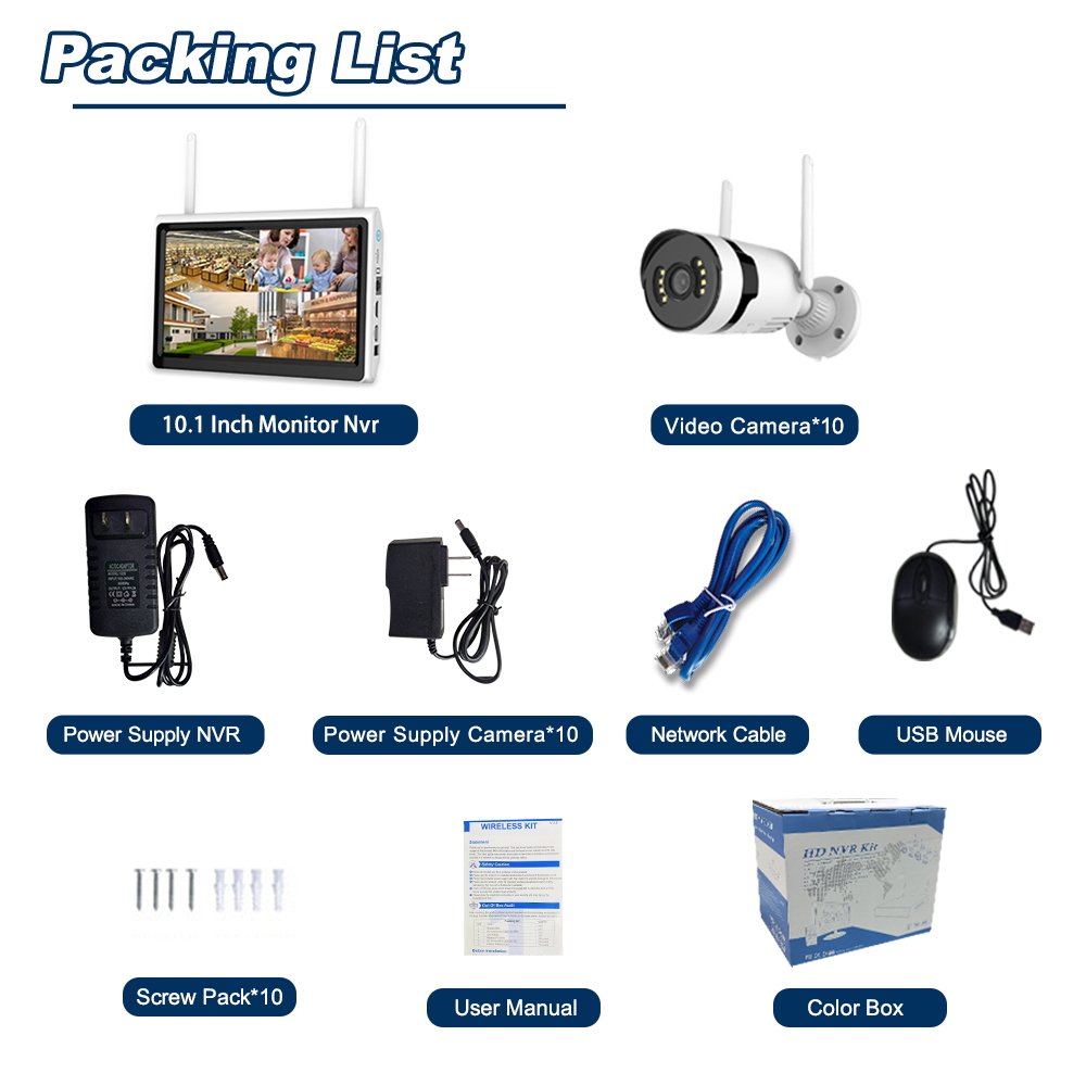 3MP Wireless Security Camera System Two Way Audio WIFI Camera 4CH NVR Kit Video Surveillance System With 10.1inch LCD