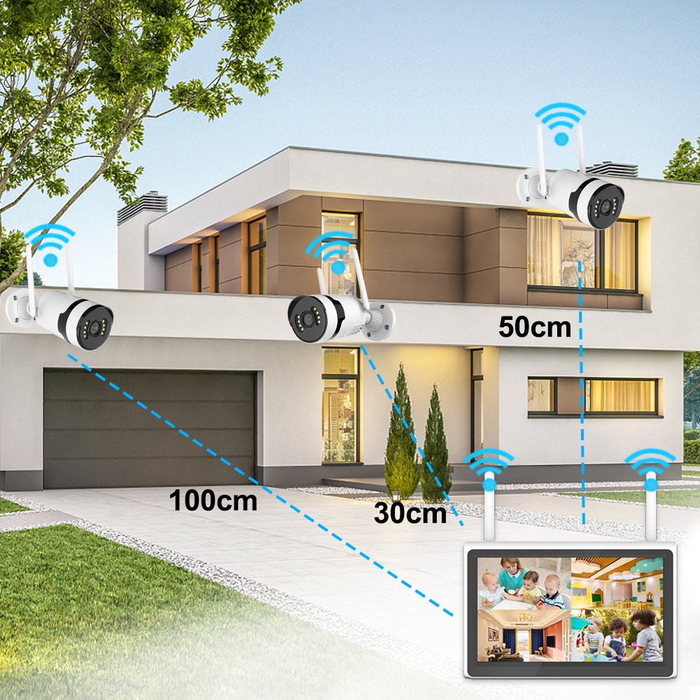 3MP Wireless Security Camera System Two Way Audio WIFI Camera 4CH NVR Kit Video Surveillance System With 10.1inch LCD