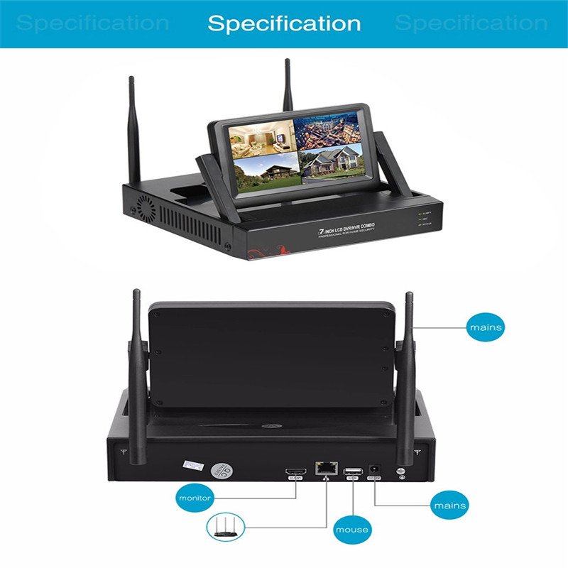 TUYA 2MP 4CH Wireless Camera CCTV Kit 7.1" LCD Monitor 1080P Outdoor Security Camera System WIFI NVR Kit