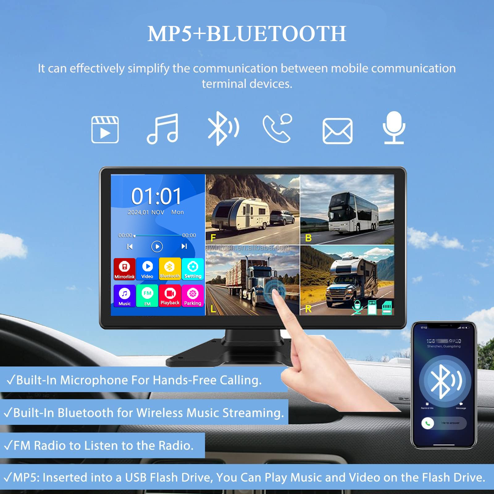 10.36 Inches 4CH Full HD 1080P AHD Loop Video Recorder Car Touch Screen 4 Channel Bluetooth MP5 Mobile DVR for Vehicle Truck RV